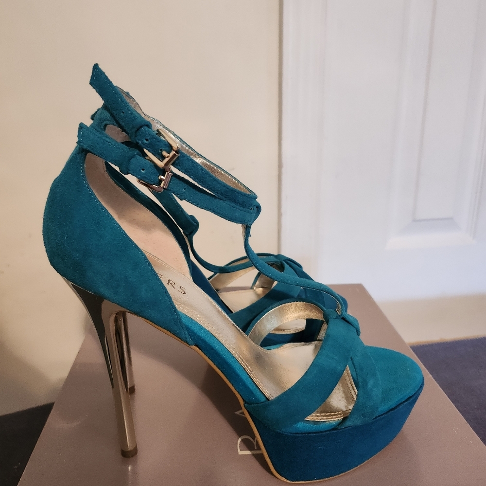 Teal Suede High Heel Sandal with Gold Heel - Picture 3 of 6